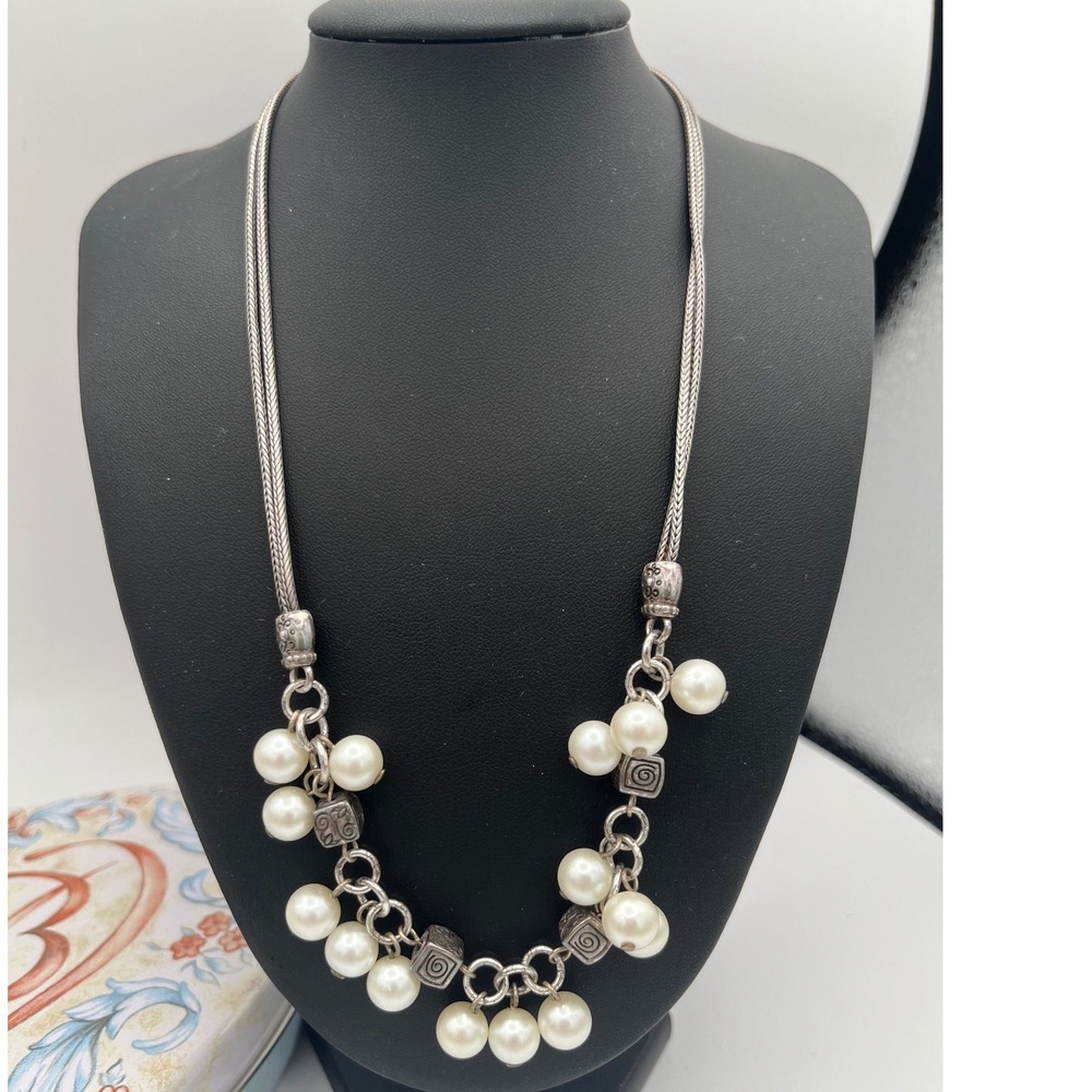 Brighton Mimosa Pearl‎  Beaded Cha Cha style Retired Necklace Silver plate 18"